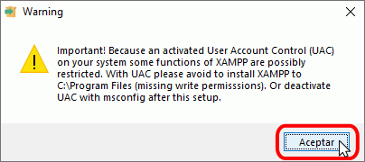 Instalación de XAMPP - Aviso UAC