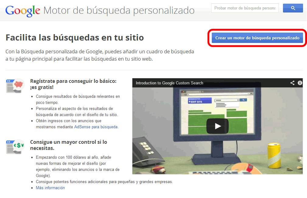 Google. Crear un motor de búsqueda personalizado