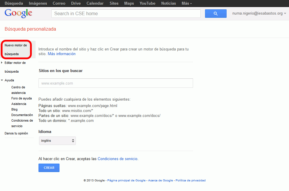 Google. Crear un motor de búsqueda personalizado