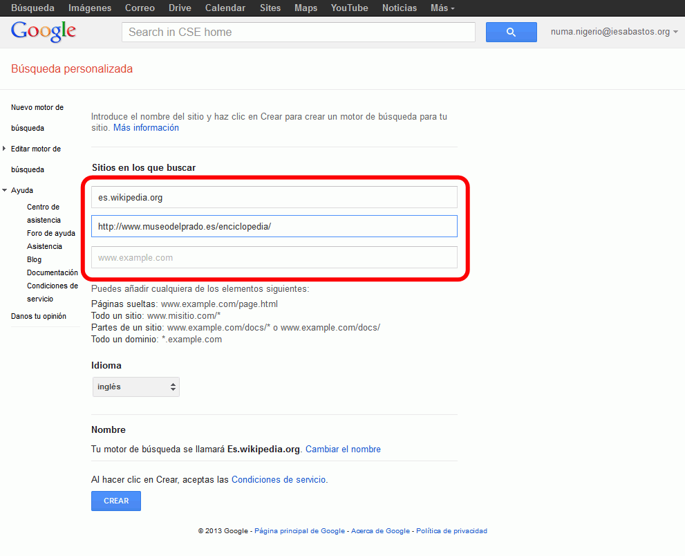 Google. Crear un motor de búsqueda personalizado