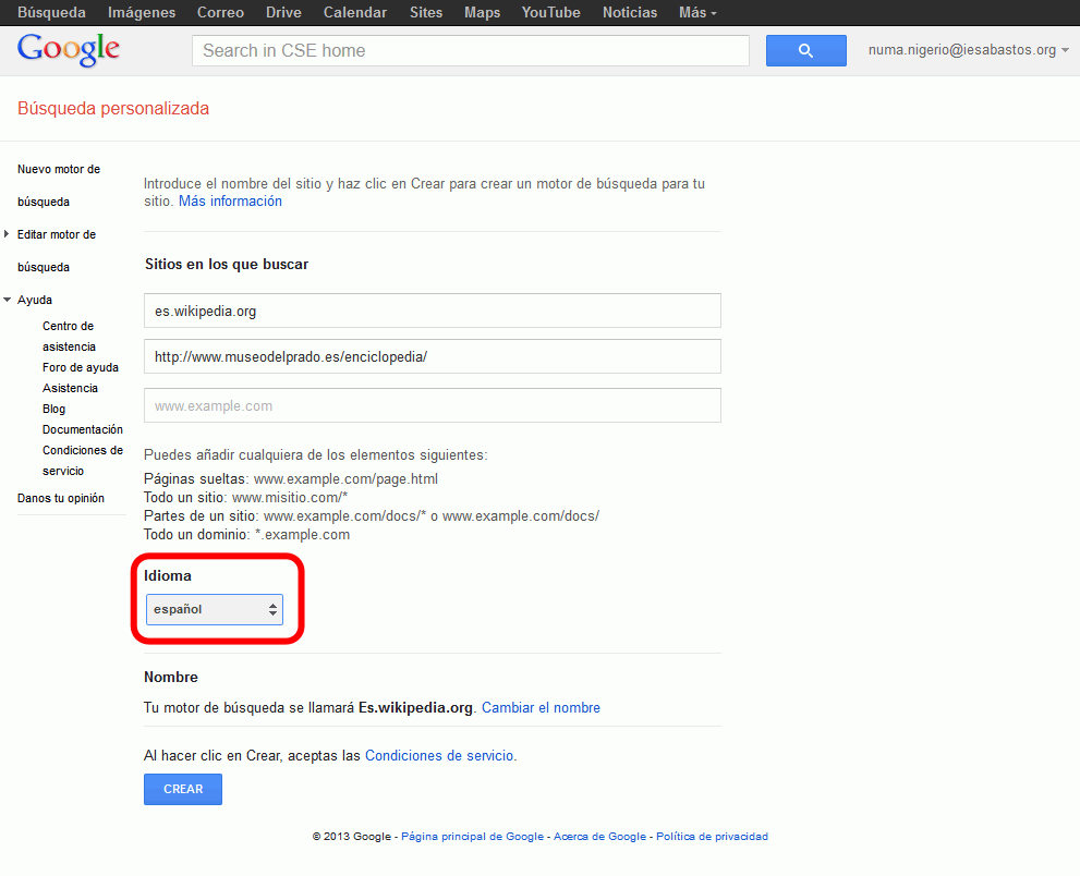Google. Crear un motor de búsqueda personalizado