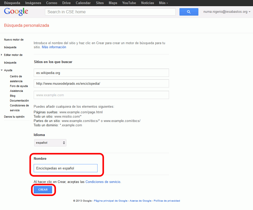 Google. Crear un motor de búsqueda personalizado