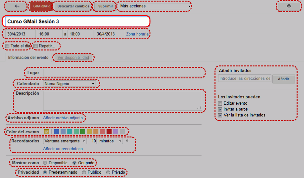 Calendar. Interfaz de la pantalla de creación de eventos