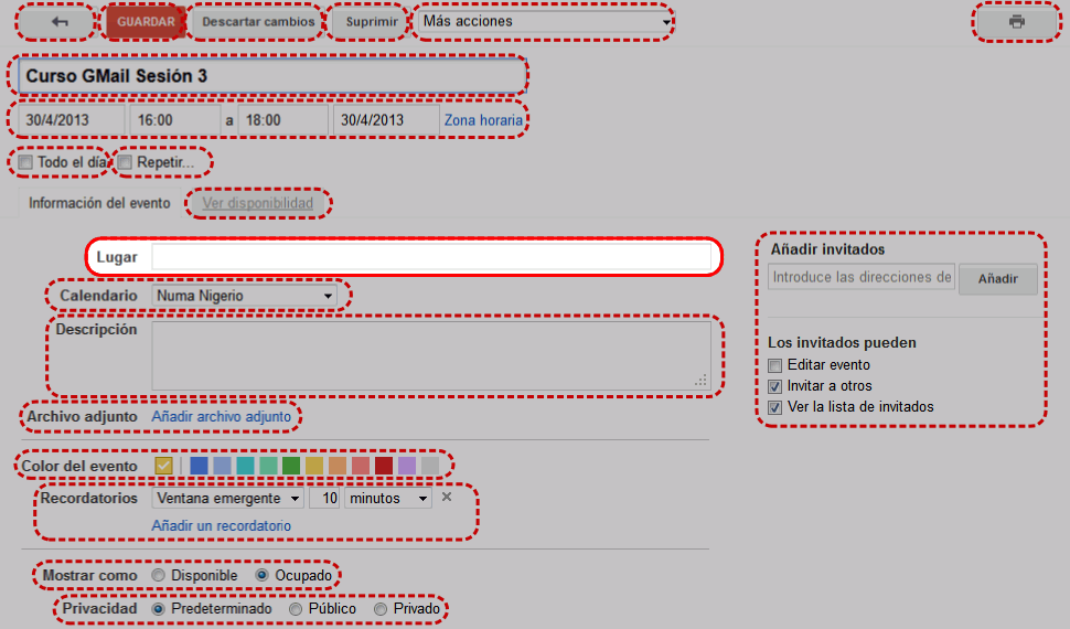 Calendar. Interfaz de la pantalla de creación de eventos