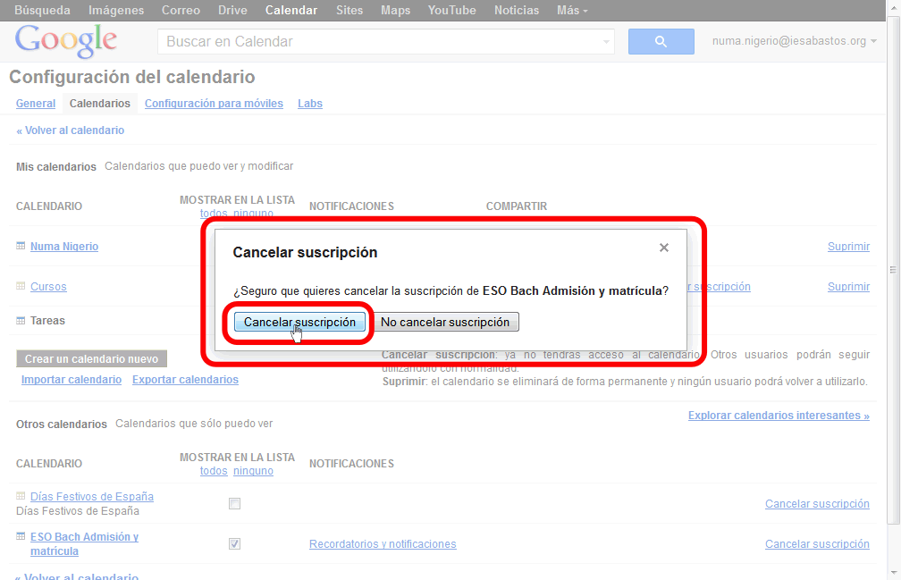 Calendar. Cancelar suscripción a calendario