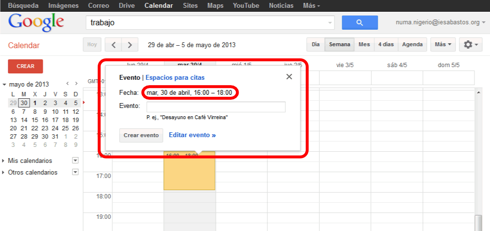 Calendar. Añadir nuevo evento