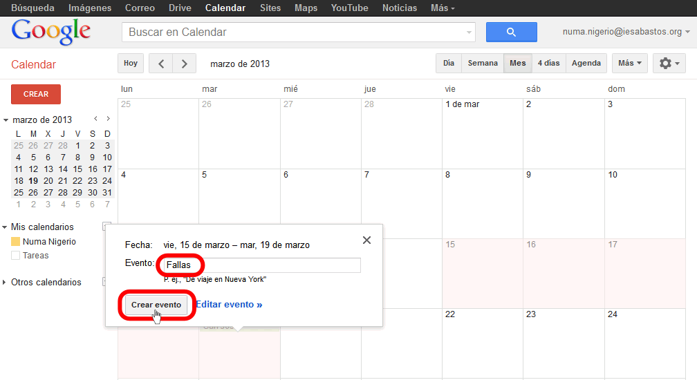 Calendar. Añadir nuevo evento