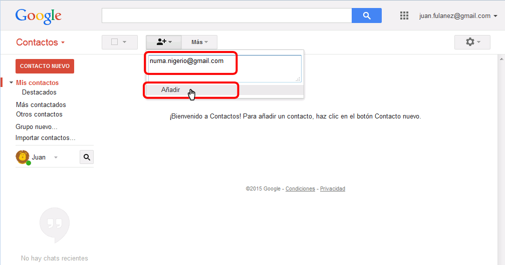 Gmail. Añadir nuevo contacto