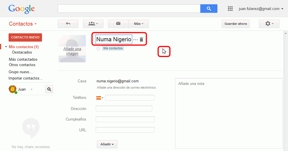 Gmail. Añadir nuevo contacto