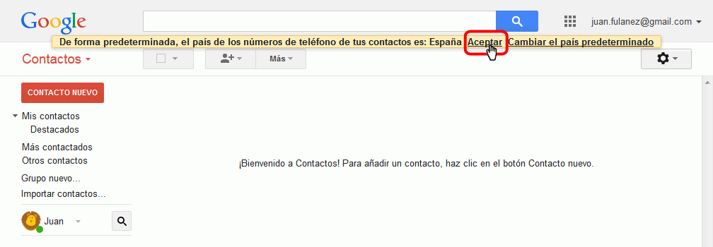 Gmail. Abrir página de contactos