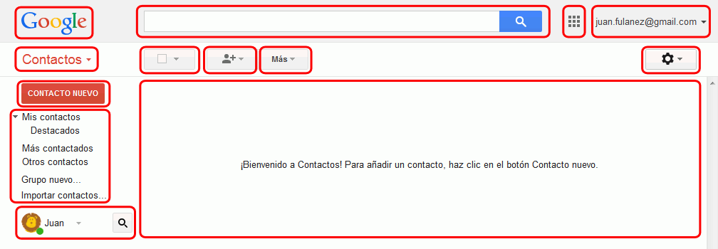 Gmail. Interfaz de la pantalla de contactos