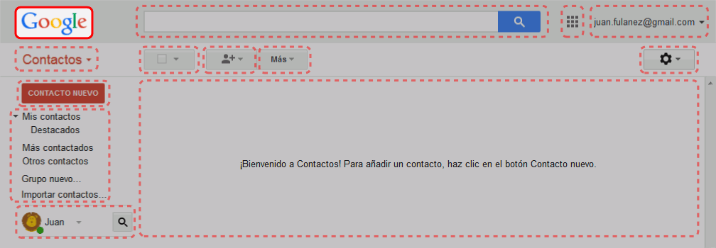 Gmail. Interfaz de la pantalla de contactos