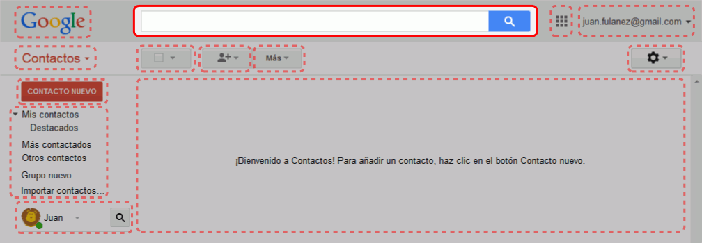 Gmail. Interfaz de la pantalla de contactos