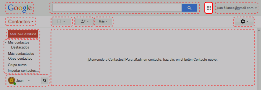 Gmail. Interfaz de la pantalla de contactos