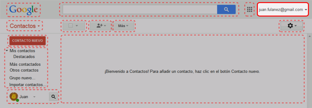 Gmail. Interfaz de la pantalla de contactos