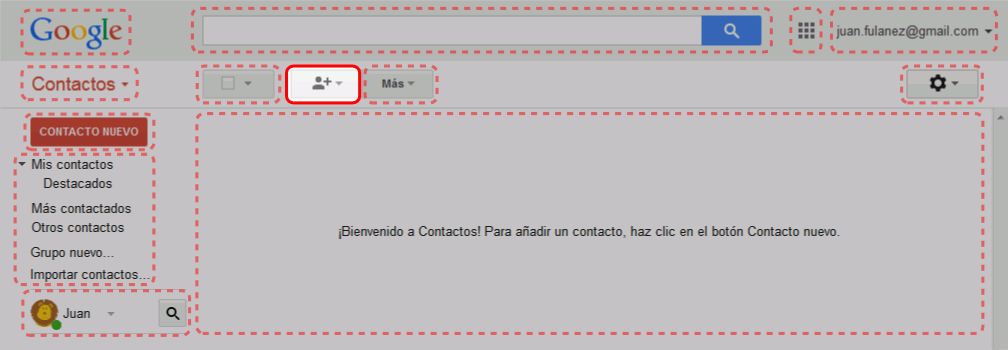 Gmail. Interfaz de la pantalla de contactos