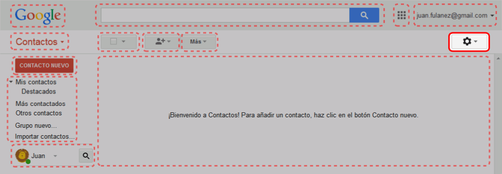 Gmail. Interfaz de la pantalla de contactos