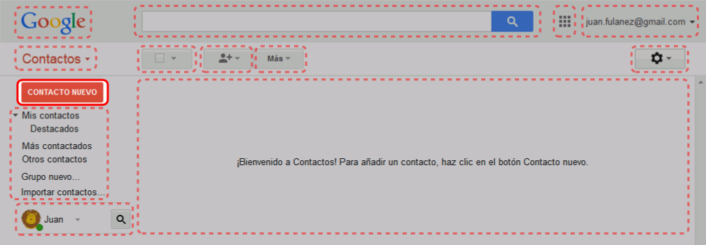 Gmail. Interfaz de la pantalla de contactos