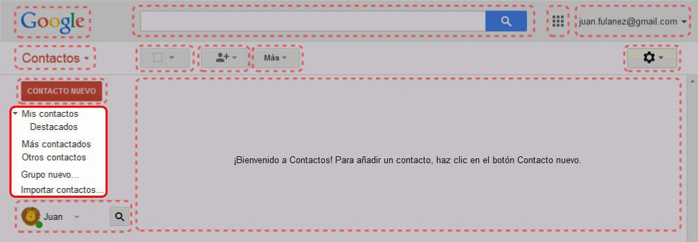 Gmail. Interfaz de la pantalla de contactos