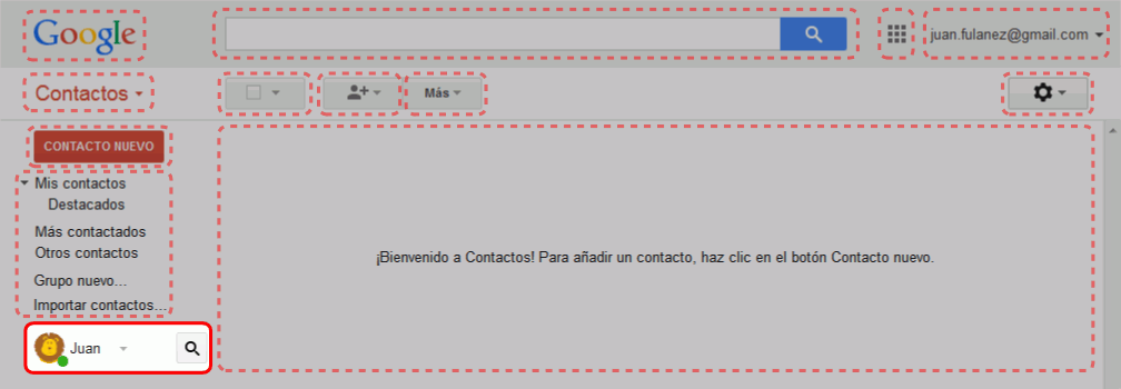 Gmail. Interfaz de la pantalla de contactos