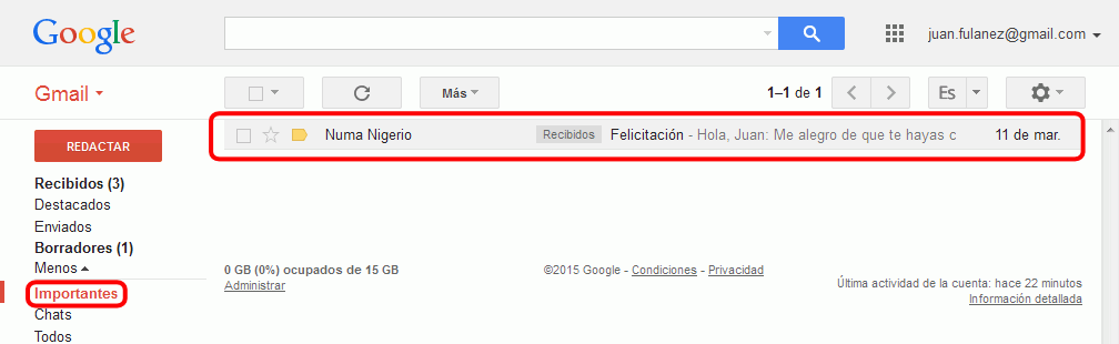 Gmail. Marcador de importancia