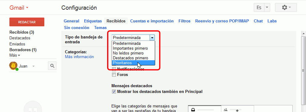 Gmail. Tipo de bandeja de entrada