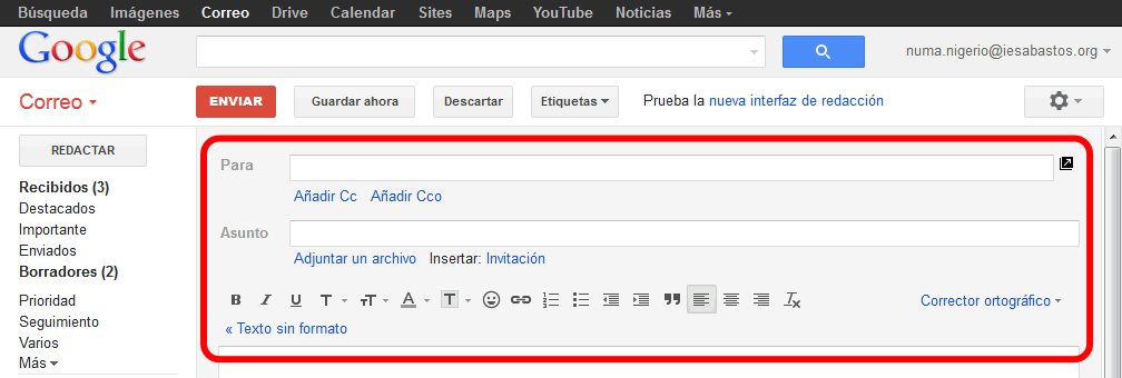 Gmail. Redactar un correo nuevo. Interfaz antigua