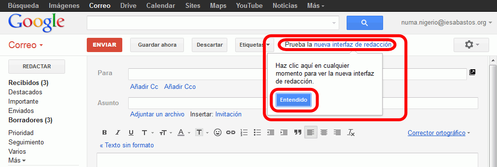 Gmail. Forzar la activación de la nueva interfaz de redacción de correo