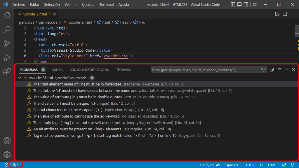 VSC. Errores HTMLHint