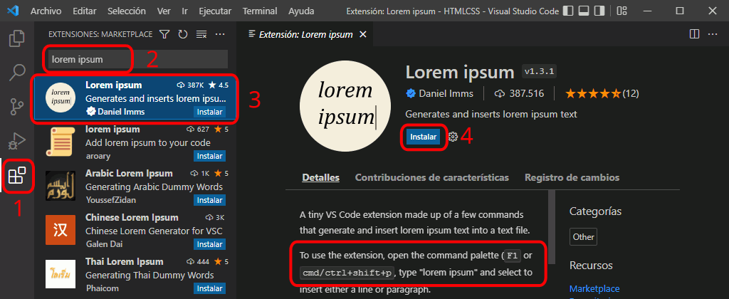 VSC. Extensión Lorem Ipsum