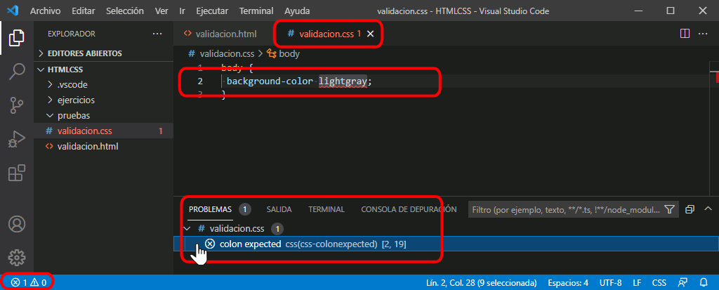 Visual Studio Code. Validación