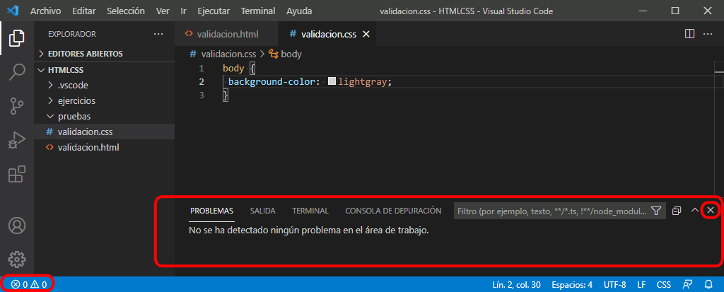 Visual Studio Code. Validación