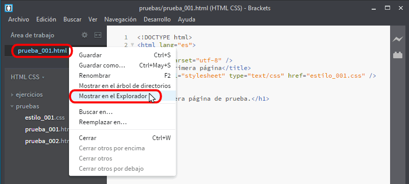 Brackets. Abrir páginas en el navegador