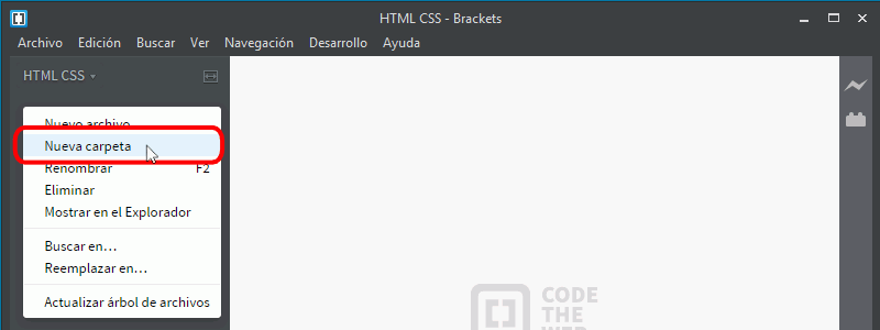 Brackets. Árbol de archivos. Crear una carpeta