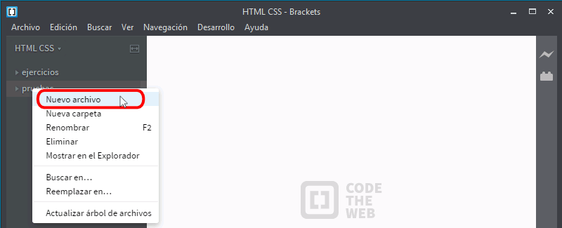 Brackets. Árbol de archivos. Crear un archivo