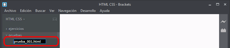 Brackets. Árbol de archivos. Crear un archivo