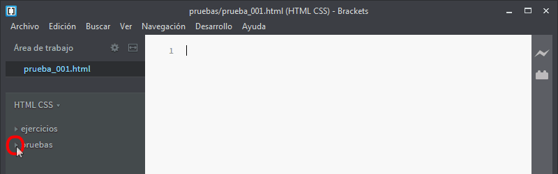Brackets. Árbol de archivos. Crear un archivo