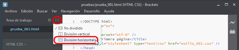 Brackets. Área de trabajo dividida