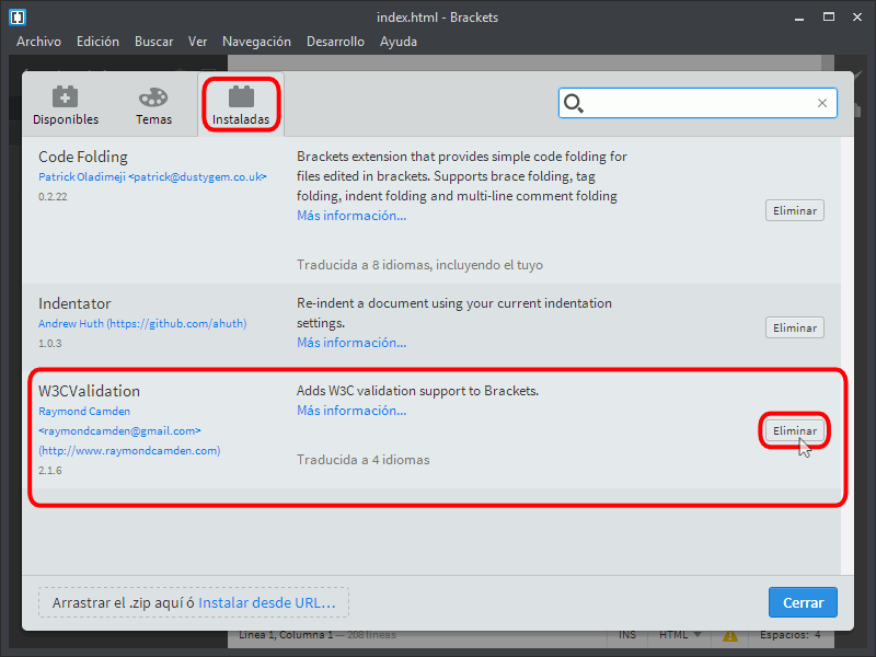 Brackets. Desinstalar extensiones