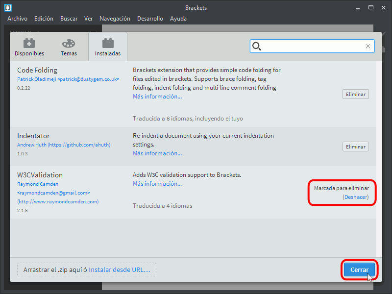 Brackets. Desinstalar extensiones