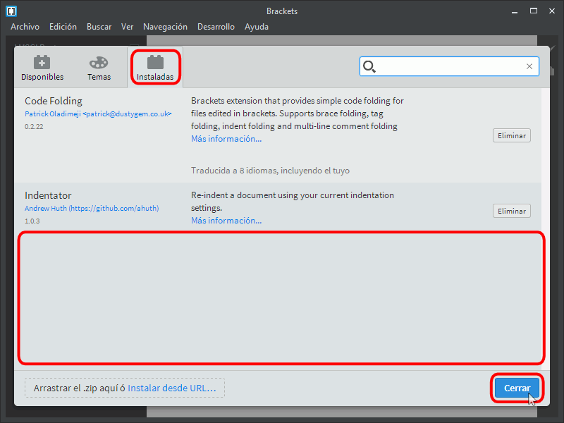 Brackets. Desinstalar extensiones