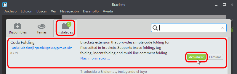 Brackets. Actualizar extensiones