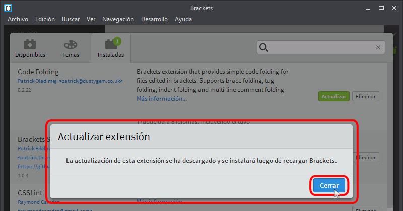 Brackets. Actualizar extensiones