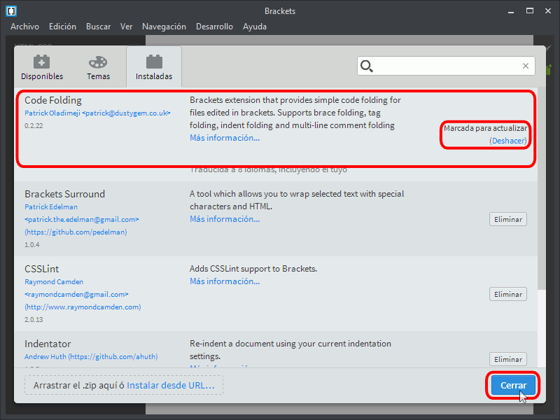 Brackets. Actualizar extensiones