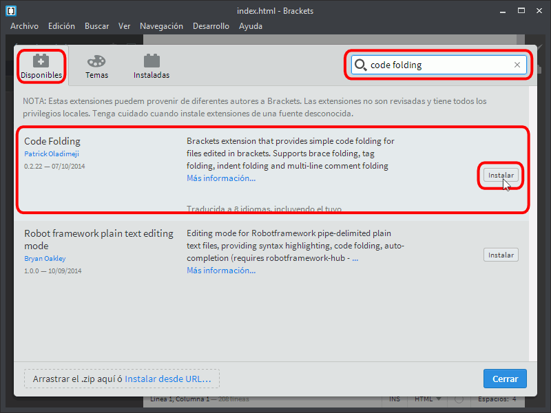 Brackets. Instalar extensiones
