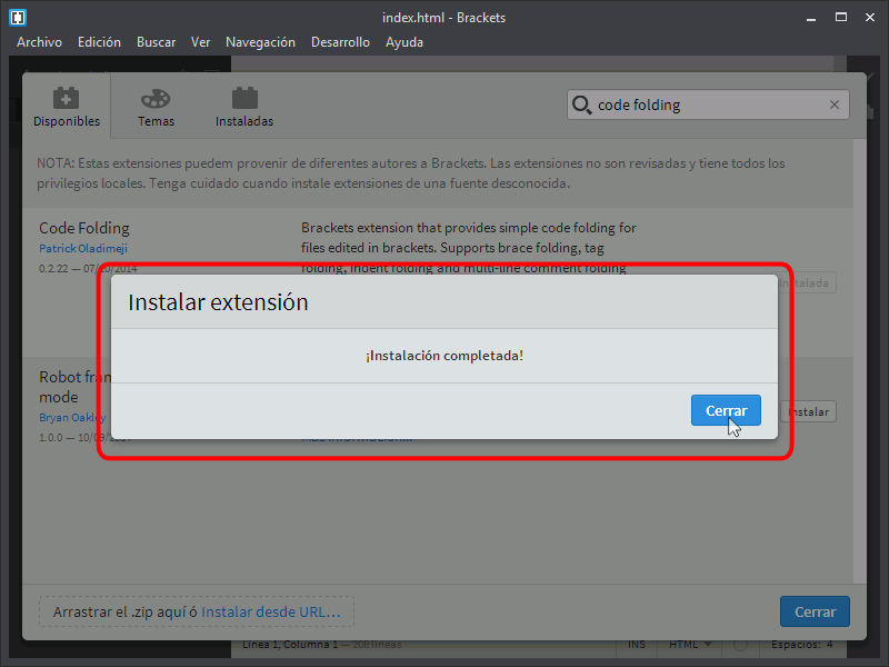 Brackets. Instalar extensiones