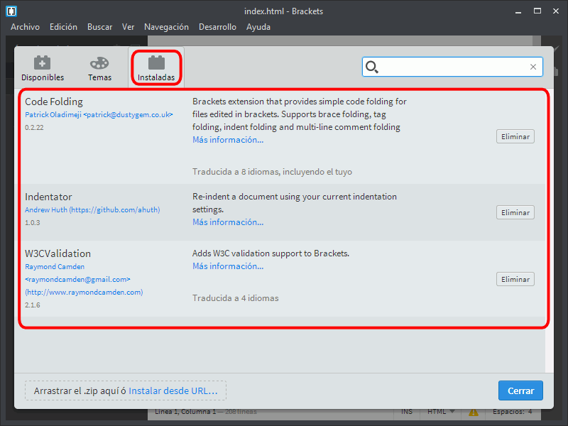 Brackets. Instalar extensiones