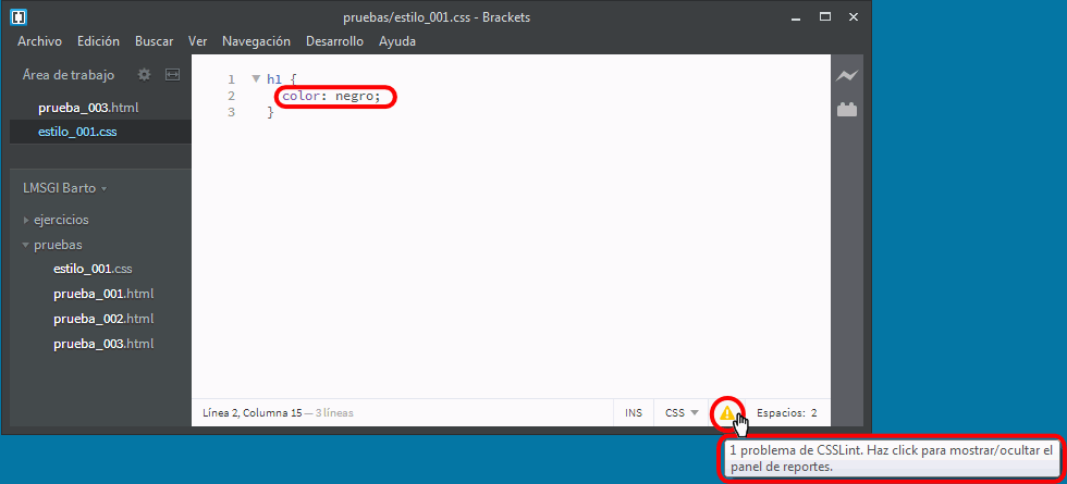Brackets. Extensión CSSLint