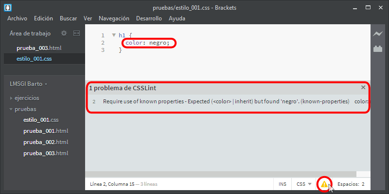 Brackets. Extensión CSSLint