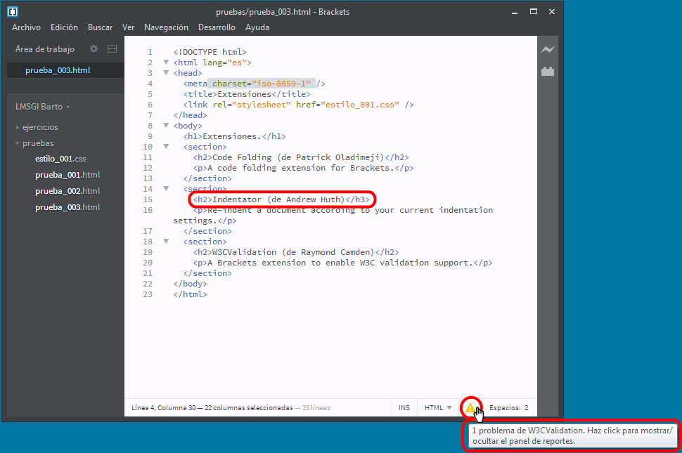 Brackets. Extensión W3CValidation